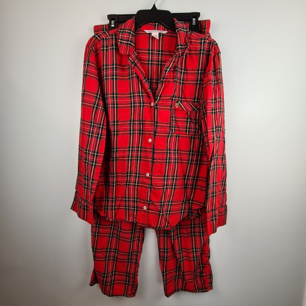 Victoria's Secret Red Plaid Flannel Pajama Set Womens Medium Long Sleeve Cotton
